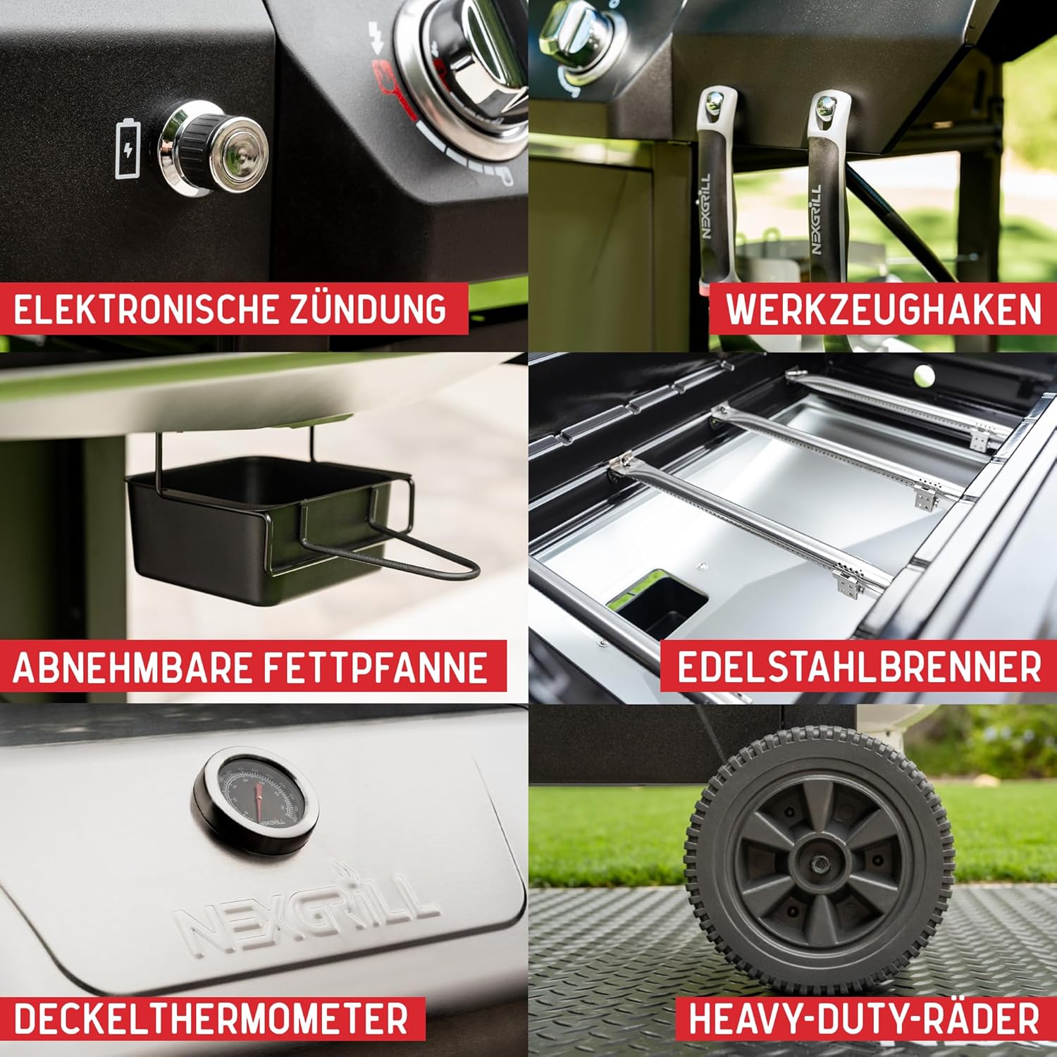 Nexgrill Classic 4B Gasgrill mit elektronischer Z�ndung Werkzeughaken Fettpfanne Edelstahlbrenner Deckelthermometer und Heavy-Duty-R�dern